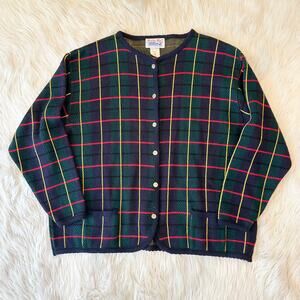 Tally-Ho Vintage 80's/ 90's Tartan Plaid Cardigan Gold Button Crew Neck Sweater